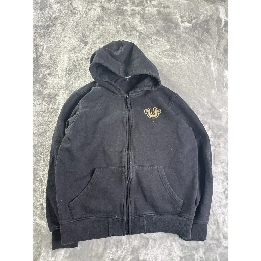 True Religion Zip-Up‎ Hoodie Mens Medium Black Gold Buddha Logo Cotton